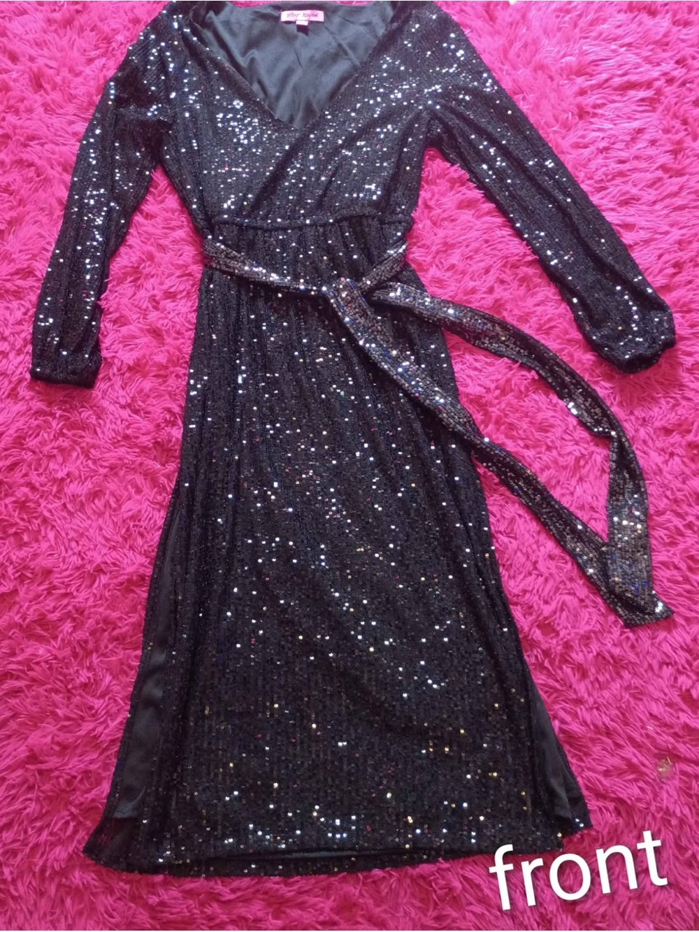 Sequin Wrap Midi Dress - Black Betsy Johnson
